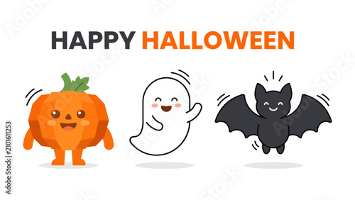Happy Halloween Trio: A cheerful pumpkin, a friendly ghost, and a happy bat dance together under the Happy Halloween text, celebrating the spooky season with cartoon charm.