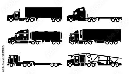 Photos Six Black Semi Truck Silhouettes, Freight Transport Vector Icons, Logistics Vehi