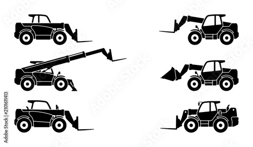 Bild auf Leinwand Construction Vehicle Icons Set: Telescopic Loader, Forklift, Skid Steer Loader,