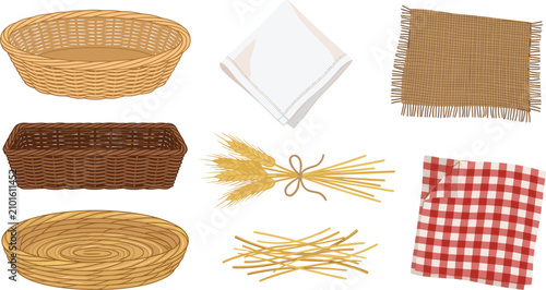 Bild auf Leinwand Rustic Picnic and Kitchen Clipart Vector Set with Woven Willow Baskets, Wheat Sh