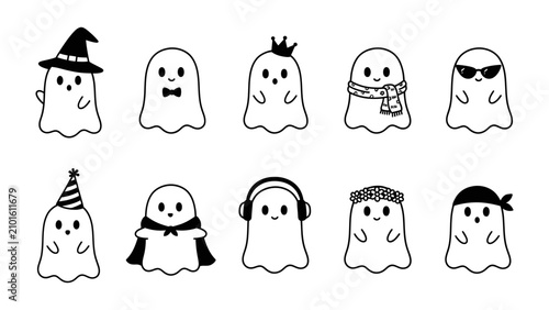 Quadro su tela Cute Ghost Collection: A delightful compilation of ten whimsical ghost characters, each adorned with unique accessories like a witch hat, crown, bowtie, scarf, sunglasses, party hat, cape, headphones