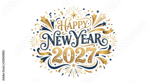 Bild auf Leinwand Golden New Year 2027 Celebration: An elegant and festive design announces 'Happy New Year 2027' with golden stars, confetti, and bursts of fireworks