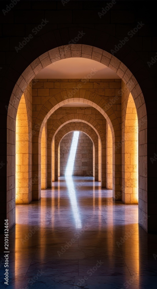 Fototapeta premium Elegant architectural interior featuring a long symmetrical hallway with arched wall recesses illuminated by soft warm light on stone, empty, architecture, corridor