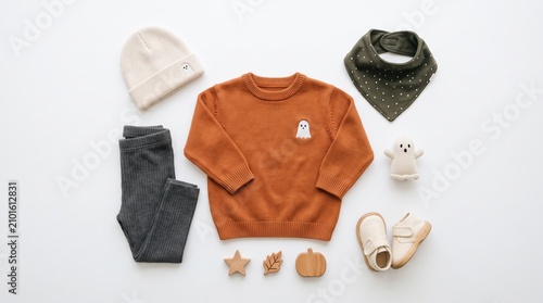 A flat lay of cozy toddler autumn clothing and accessories including a rust sweater, gray pants, cream hat, shoes, and Halloween-themed decorations.