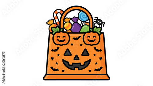 Konstfotografi Halloween Treat Bag Full of Candy and Spider: A festive Halloween treat bag, decorated with jack-o'-lantern faces and bats, overflows with an assortment of colorful candies and a small spider