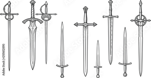 Fotografi Vintage Medieval Sword Collection Hand Drawn Engraving Style Vector Illustration