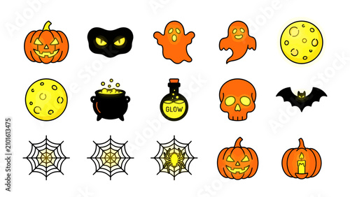 Принти на полотні Halloween Icons Collection: A vibrant assortment of classic Halloween symbols, including carved pumpkins, playful ghosts, a menacing skull, a spooky bat, a bubbling cauldron, and a glowing potion