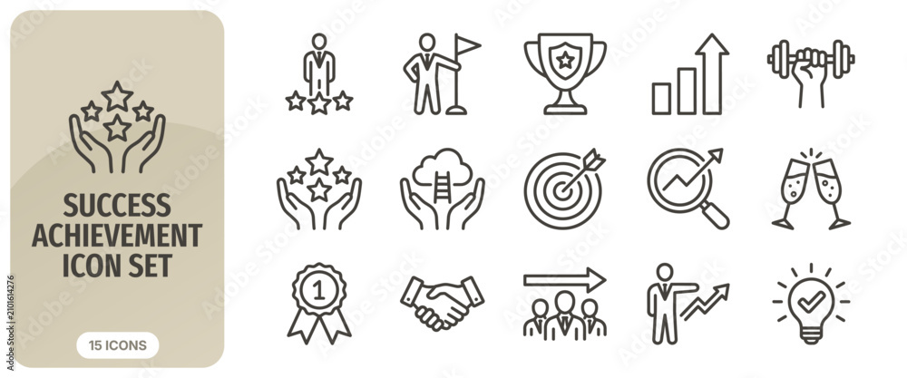 Fototapeta premium Success and achievement icon set, thin line style, business growth, leadership, goal setting, professional development, vector icons