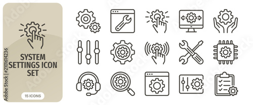 System settings icon set, thin line style, vector illustration collection of technical support, configuration, maintenance, and optimization icons for web and mobile applications