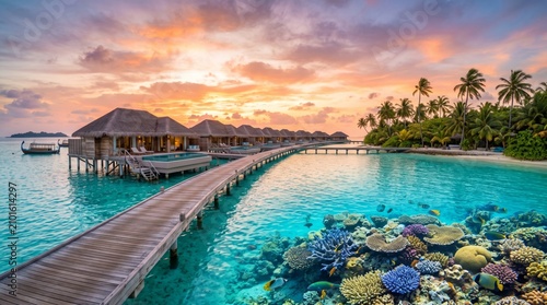 Tranquil sunset at a tropical getaway featuring a wooden pier and colorful coral reef