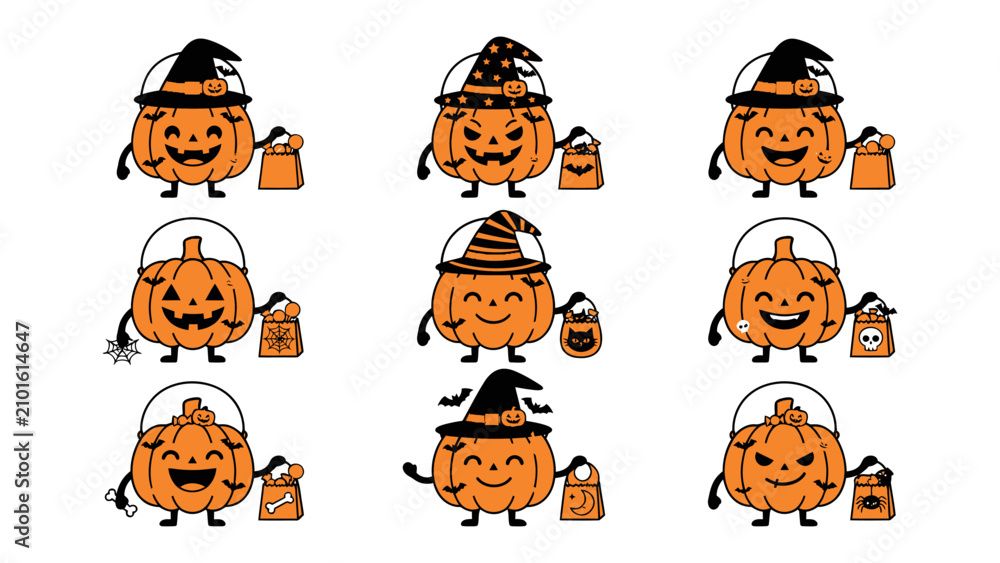 Fototapeta premium Set of Halloween Pumpkin Characters: A delightful collection of cartoon pumpkins dressed in witch hats and carrying treat bags, each with a unique and mischievous carved face.