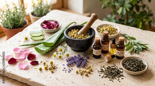 Herbal remedies and essential oils displayed on a rustic table surrounded by fresh ingredients and vibrant botanicals