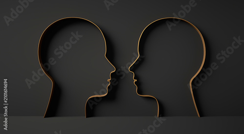 Foto Two mirrored golden head outlines facing each other in front of a dark wall - 3D