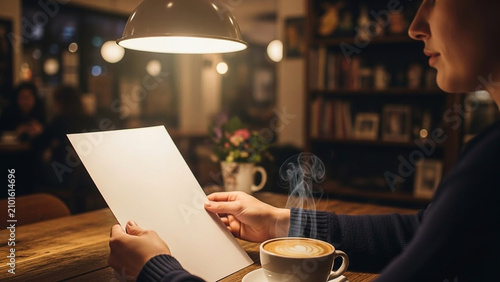 Person Reads Document over Coffee in Cozy Cafe