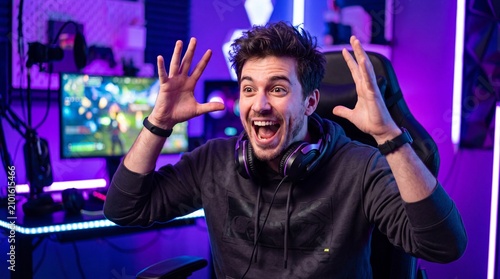 A young man with headphones around his neck sits in a dark gaming room with purple neon ad social media download thambnail template event festive festival 2026 2027 2028