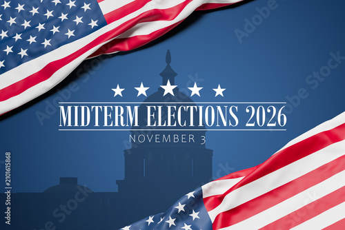 The wrinkled flag of the USA draped onto a blue surface with capitol silhouette and the text 