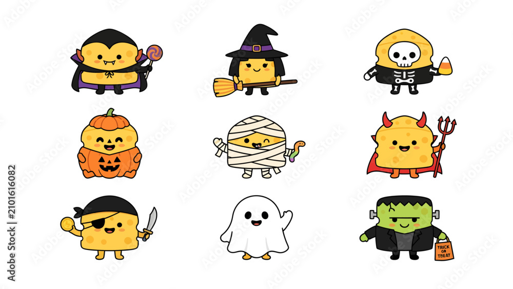 Fototapeta premium Cute Halloween Characters: A collection of nine adorable, simplified Halloween-themed characters in a playful grid. From vampires to ghosts and Frankenstein.