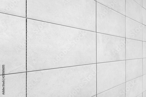 Minimalist white tile wall showing a linear grid of grout lines and subtle surface texture, photographed at an angle to create depth. Ideal as a modern architectural background or texture