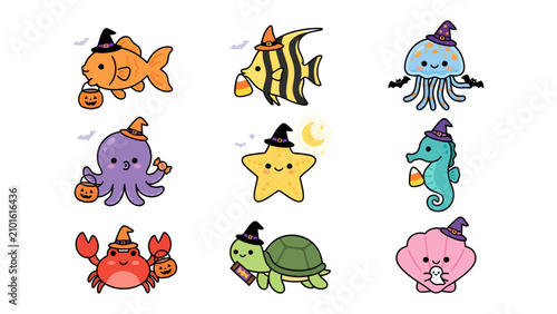 Photography Spooky Sea Creatures: A charming collection of kawaii ocean animals dressed in Halloween costumes, featuring witch hats and carrying candy buckets, ready for trick-or-treating in the deep blue