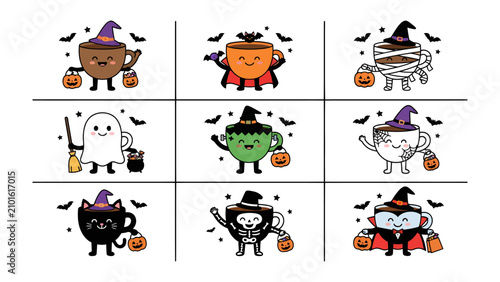 Foto Cute Halloween Coffee Characters: A set of nine adorable coffee cups dressed up as classic Halloween characters, including a witch, vampire, mummy, ghost, and Frankenstein
