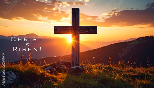 Wooden cross on the background of the sky and sunset. Christ is Risen! Crucifixion. Banner for the holiday of Easter.