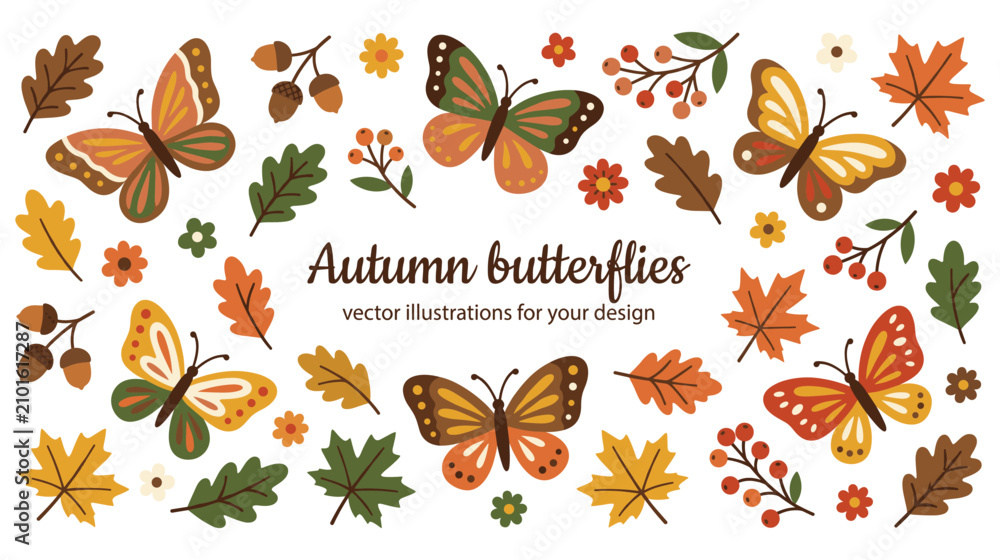 Obraz premium Autumn butterflies vector illustrations for your design, fall season nature elements.