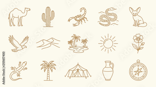Foto Desert wildlife nature and arid landscape minimalist icons.