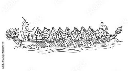Fotografie Dragon boat racing team rowing in line art sketch.