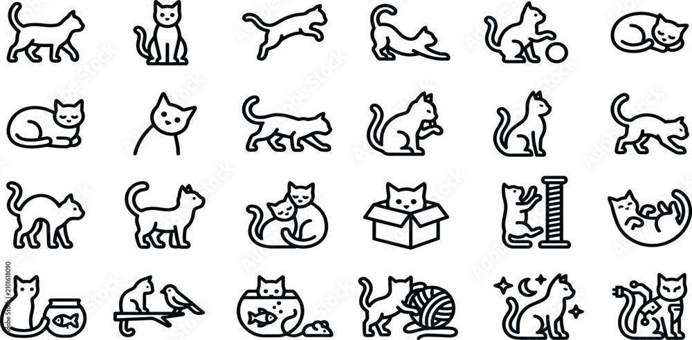 Obraz premium Cute Cat and Pet Behavior Line Icon Set Featuring Feline Activities, Playing, Sleeping, Scratching Post, Domestic Kitten Breeds, and Veterinary Symbols for Animal Lovers Websites
