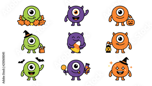 Fotografie Halloween Monster Collection: A set of nine adorable, cartoonish monsters in green, purple, and orange, each with a single eye and unique Halloween-themed accessories and poses