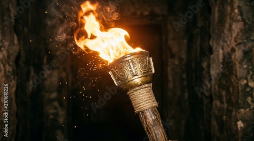 burning ancient torch in dark stone corridor