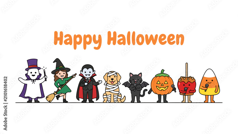 Fototapeta premium Happy Halloween Characters: A charming illustration depicts a lineup of iconic Halloween characters, including a ghost, witch, vampire, mummy, black cat, pumpkin, candy apple, and candy corn.