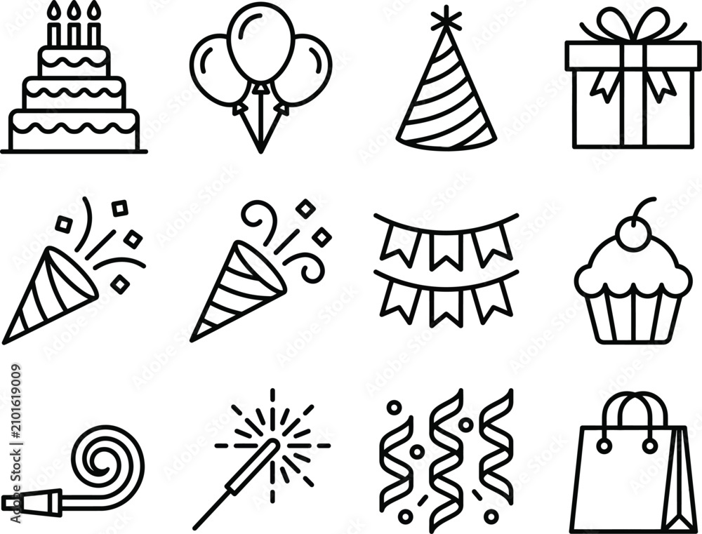 Fototapeta premium Icon Set Birthday Party Decorations