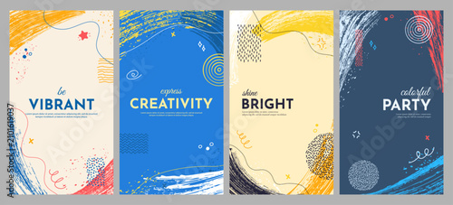 Vector illustration. Bright summer vertical background. Wavy paint brush strokes banner with hand drawn doodle elements. Trendy abstract design for flyer, leaflet, coupon, invitation. Flat style