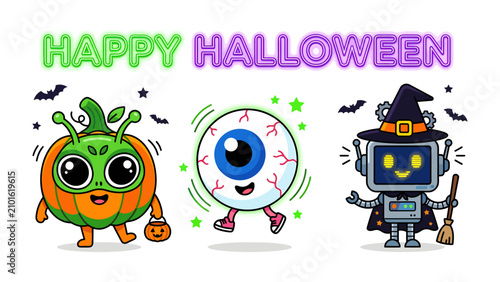 Fotografía Happy Halloween Cartoon Characters: A playful trio of cute cartoon characters, including a pumpkin alien, a whimsical eyeball, and a charming robot witch