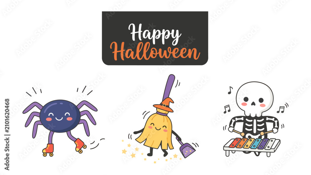 Fototapeta premium Spooky Halloween Fun: A playful collection of Halloween characters, including a roller-skating spider, a dancing broom with a witch's hat, and a skeleton musician playing a xylophone.