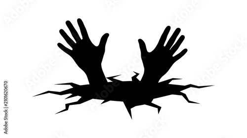 Foto Black hands reaching out from cracked ground silhouette.
