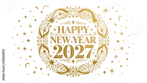 Bild auf Leinwand Happy New Year 2027 Golden Ornament: A festive graphic design celebrating the New Year with the text Happy New Year 2027 enclosed in an ornate golden circular frame