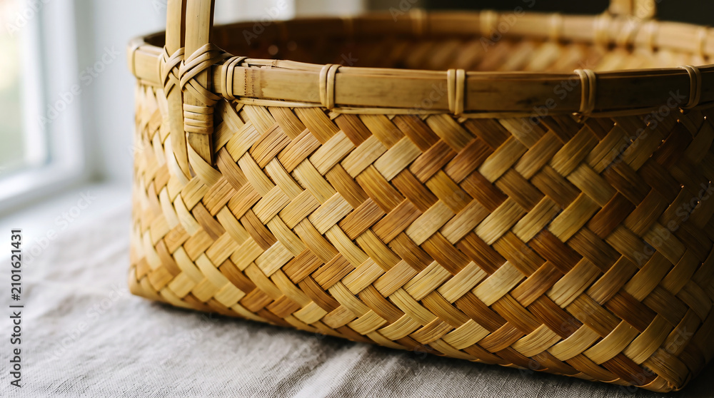 Obraz premium Close-up of a woven wicker basket on a soft fabric surface with natural lighting