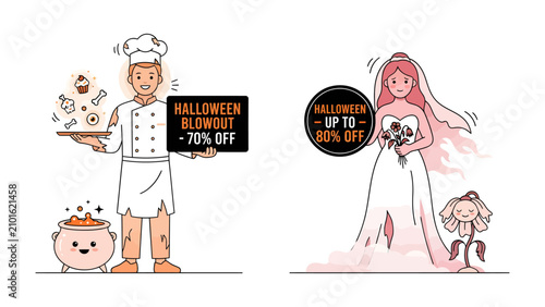 Foto Halloween Party Icons: A cheerful chef and a gothic bride stand ready for Halloween festivities, holding signs advertising a festive sale with discounts up to 70% off
