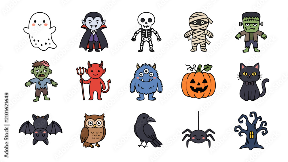 Obraz premium Cute Halloween Characters: A delightful collection of charming and spooky Halloween icons, including a ghost, vampire, skeleton, mummy, Frankenstein, zombie, devil, monster, pumpkin, black cat, bat.