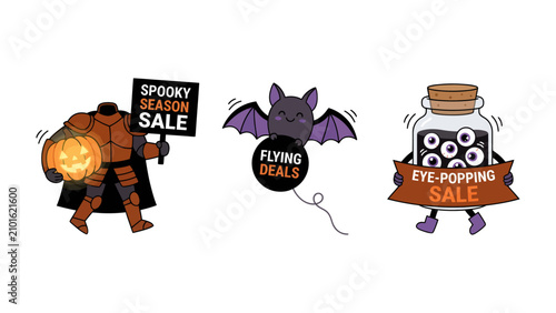 Εκτύπωση καμβά Halloween Sale Illustrations: A collection of whimsical Halloween-themed illustrations featuring a headless horseman with a pumpkin head holding a Spooky Season Sale sign