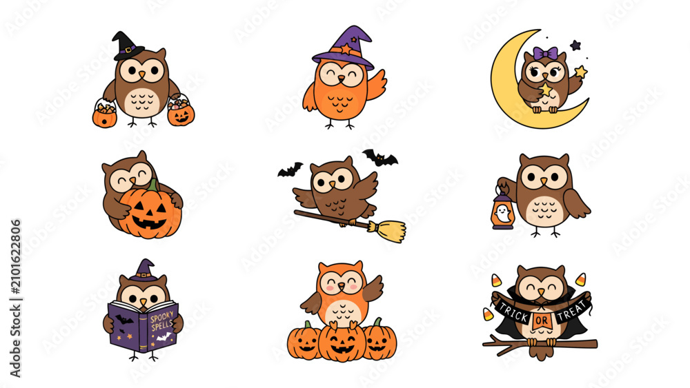 Obraz premium Halloween Owls Collection: A delightful assortment of cute owl illustrations dressed in festive Halloween attire, featuring pumpkins, witch hats, broomsticks, and crescent moons.
