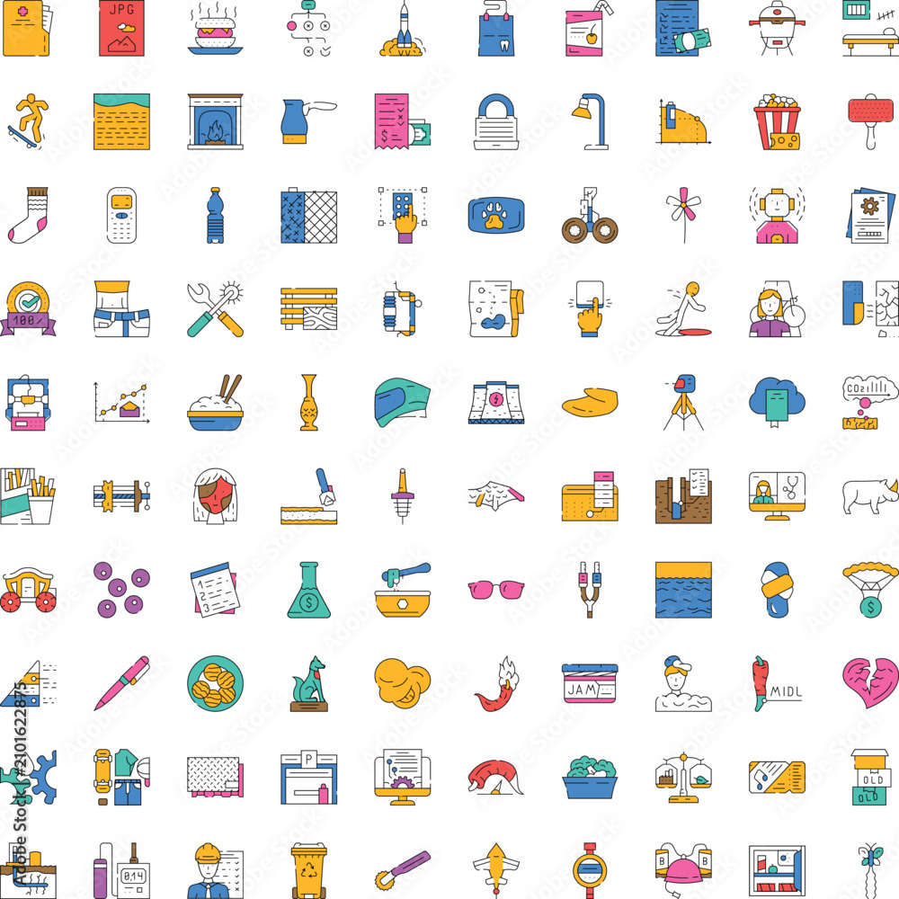 Naklejka premium Collection of colorful line icons illustrating a wide range of miscellaneous objects, daily activities, technology, food items, tools, and lifestyle symbols on a white background