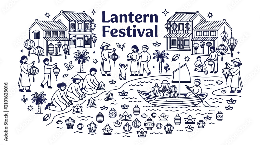 Obraz premium Lantern Festival line art illustration, traditional Asian village celebration with floating lanterns, Vietnamese Hoi An style cultural event vector