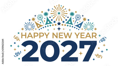 Fotografía Happy New Year 2027 Graphic: Festive fireworks and confetti celebrate the arrival of the New Year 2027, adorned with 'Happy New Year' text