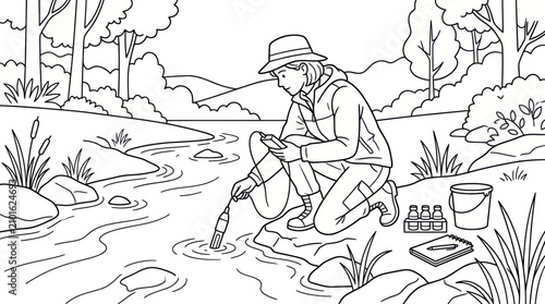 Schilderij op canvas Environmental scientist sampling water in nature.