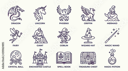 Bild auf Leinwand Fantasy creatures and magical item line icon set.