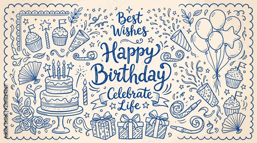 Hand drawn birthday greeting card with cake balloons gifts with celebration
