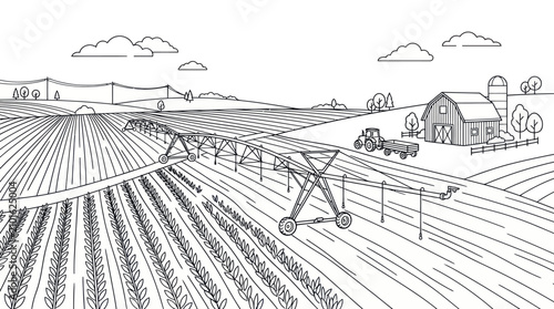 Farm field with irrigation system line art coloring.